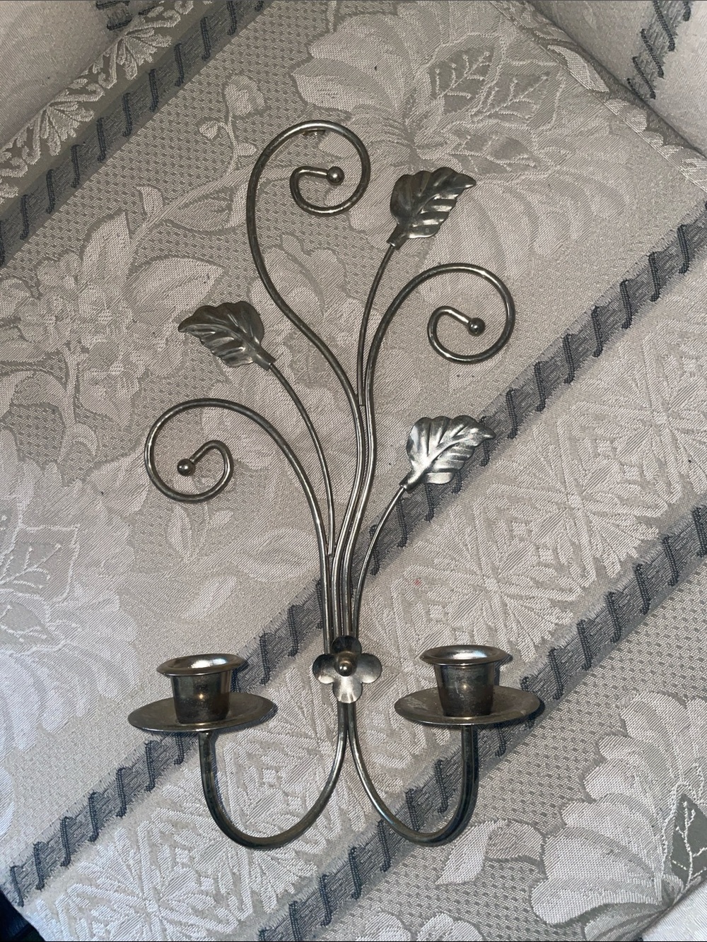 Home Interiors Silver Metal Leaf Two-Arm Wall Candle Sconce